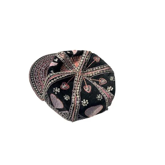 Handcrafted Black & Pink Floral Embroidered Cap Made In Burma With Intricate Bea - Picture 1 of 5